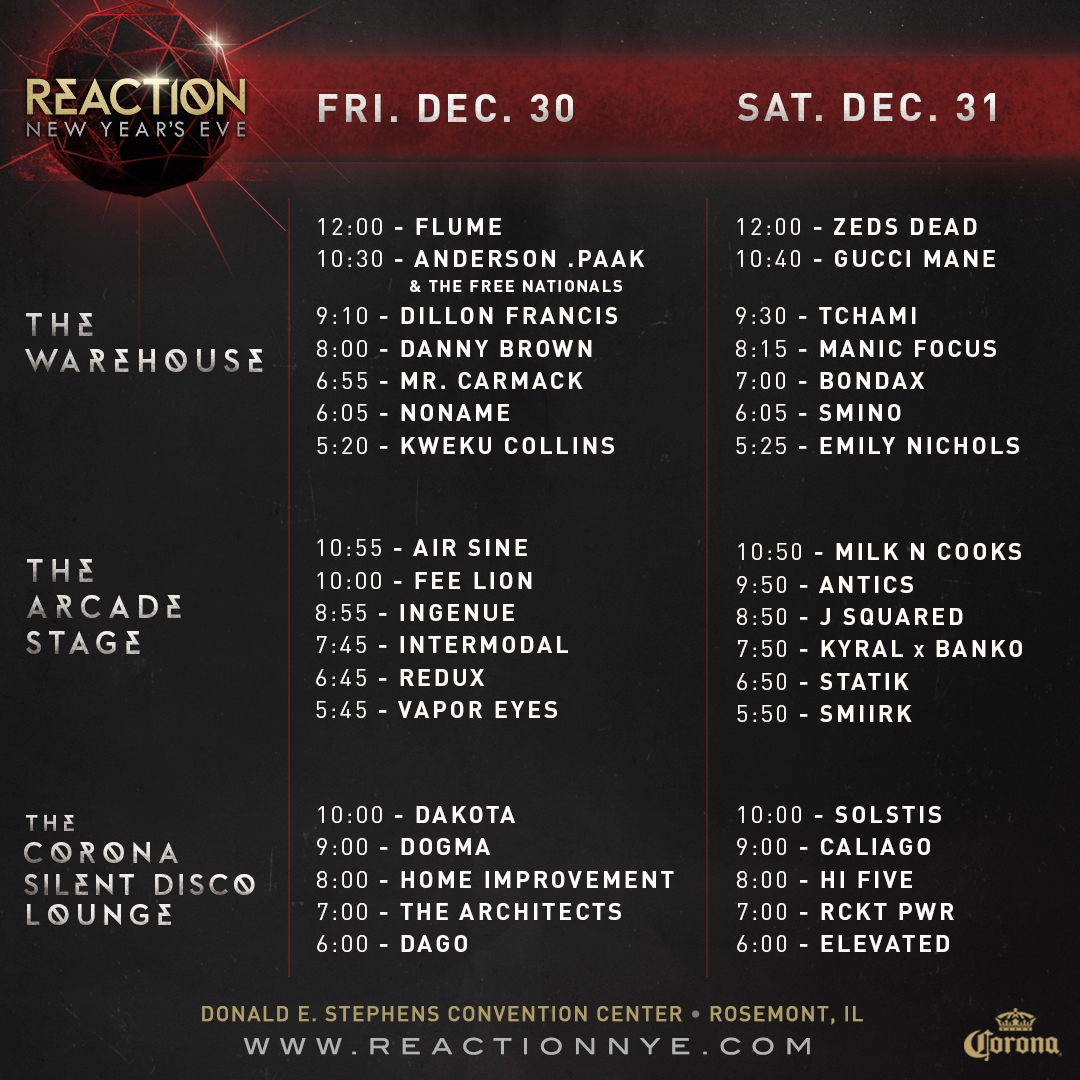 Reaction NYE 2016 Set Times